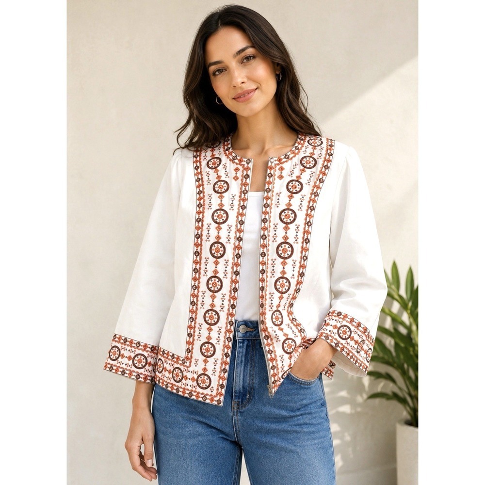 NEW! Victor Costa Occasion Jacket Embroidered Sequin Cotton Orange White SZ S